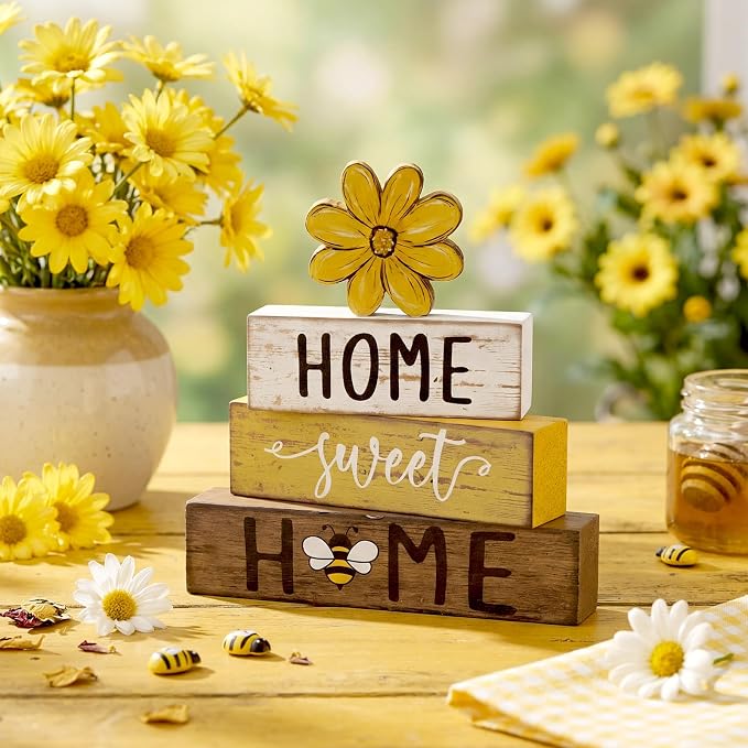 Cinnvoice 4 Pcs Yellow Bee Daisy Wooden Block Decor Farmhouse Tiered Tray Signs - Image 2