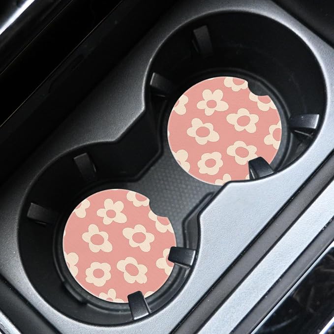 2pcs Pink and White Flowers Car Coasters, Absorbent Universal neoprener Cup - Image 3