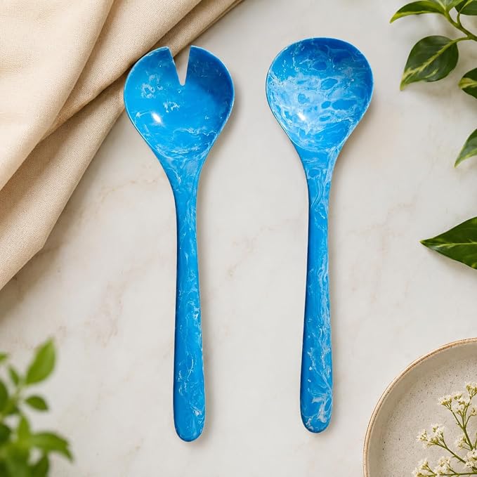 SS CRAFTS INDIA Premium 12" Ocean Blue Swirl Resin Salad Servers | Set of 2 - Image 4
