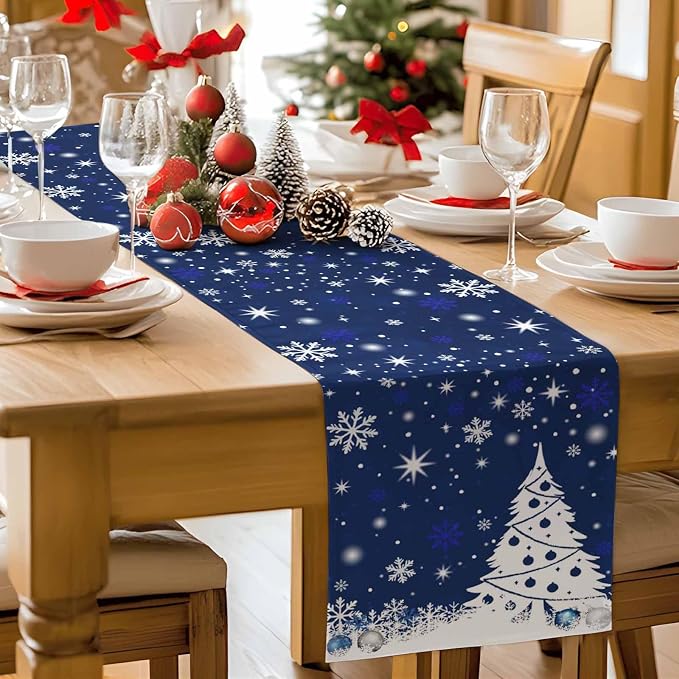 Navy Blue Christmas Tree Table Runner 72 Inches Long, Xmas Balls Snowflake - Image 9