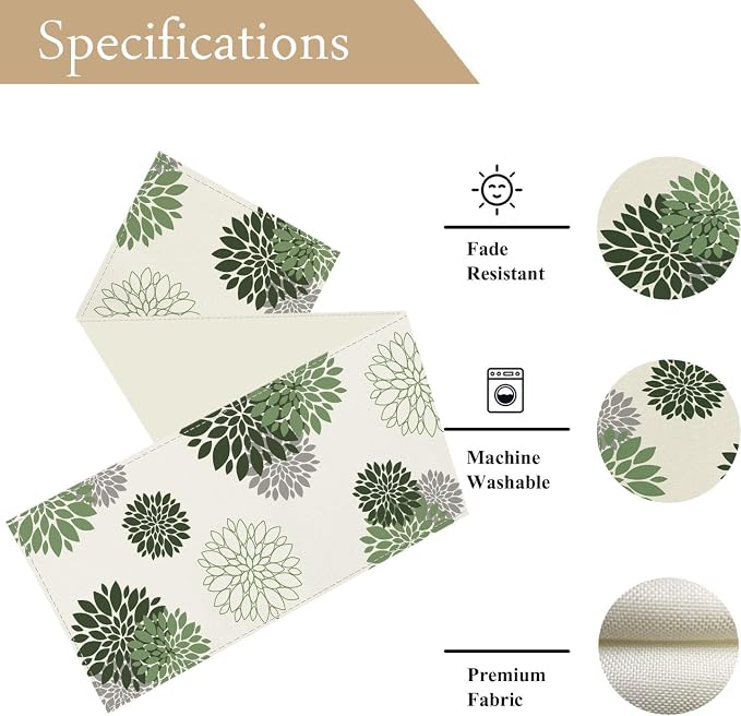 Sage Green Gray Table Runner Dahlia Pinnata Flower Beige Table Runners Modern - Image 6