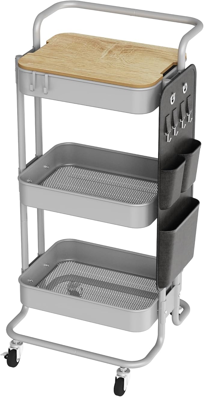 DTK 3-Tier Rolling Cart with Table Top, Metal Utility Cart with Side Bags | by DTK
