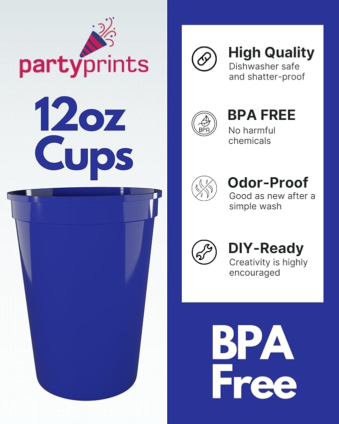 PartyPrints 100 Pack Small 10 to 12 oz Royal Blue Reusable Blank Plastic Cups - Image 2