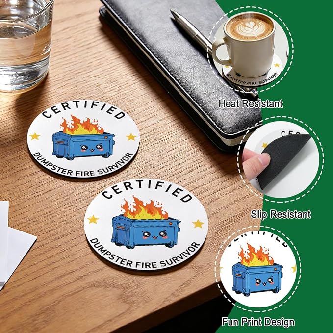 Certified Dumpster Fire Survivor Drink Cup Holder Coaster Set of 2, Funny - Image 3