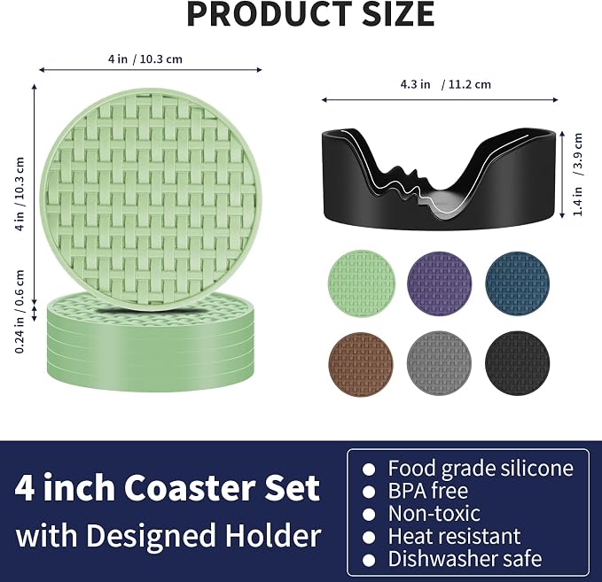 4 Inch Round Green Silicone Drink Coasters Set of 6 - Image 2