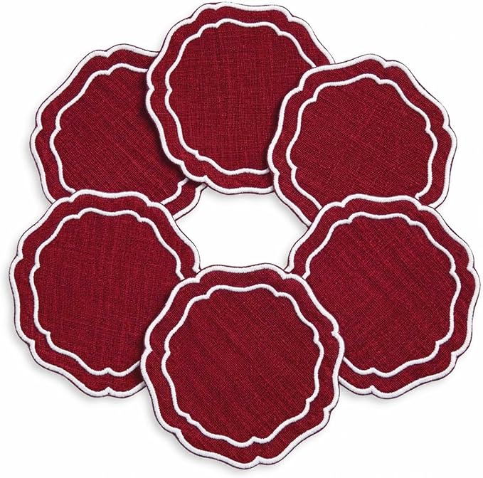 Linen Coasters for Drinks, 4.5 inch, Scalloped Edge, Reusable Handmade Coffee by EmbroideryLinenVN
