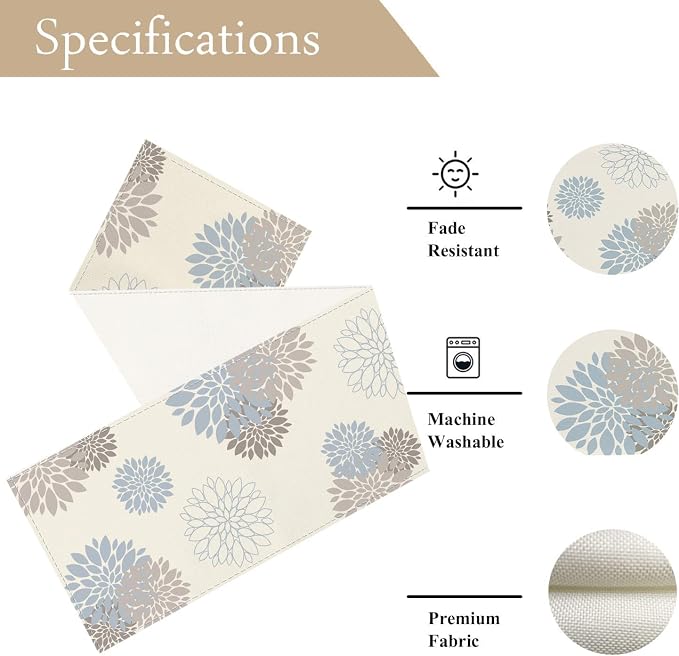 Light Blue Grey Table Runner Wild Dahlia Pinnata Flower Table Runners Modern - Image 5