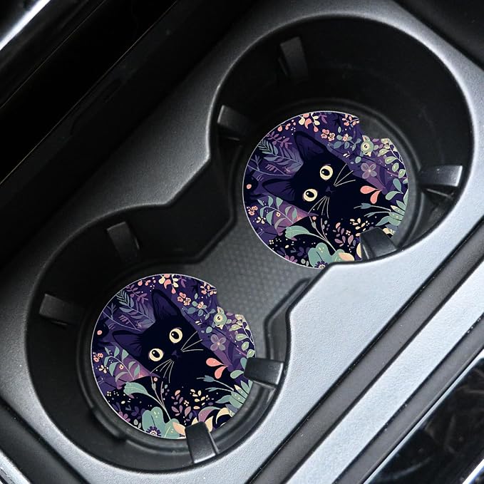 2pcs Cute Black Cat Car Coasters, Absorbent Universal neoprener Cup Holder - Image 3