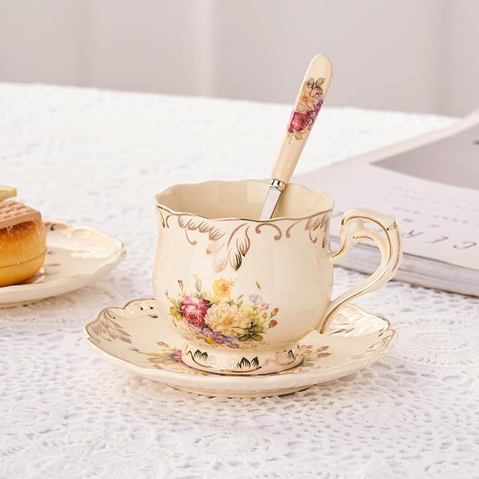 YOLIFE Tea Cups and Saucers Set of 2, 8 OZ Flowering Shrubs | Ivory Vintage - Image 8