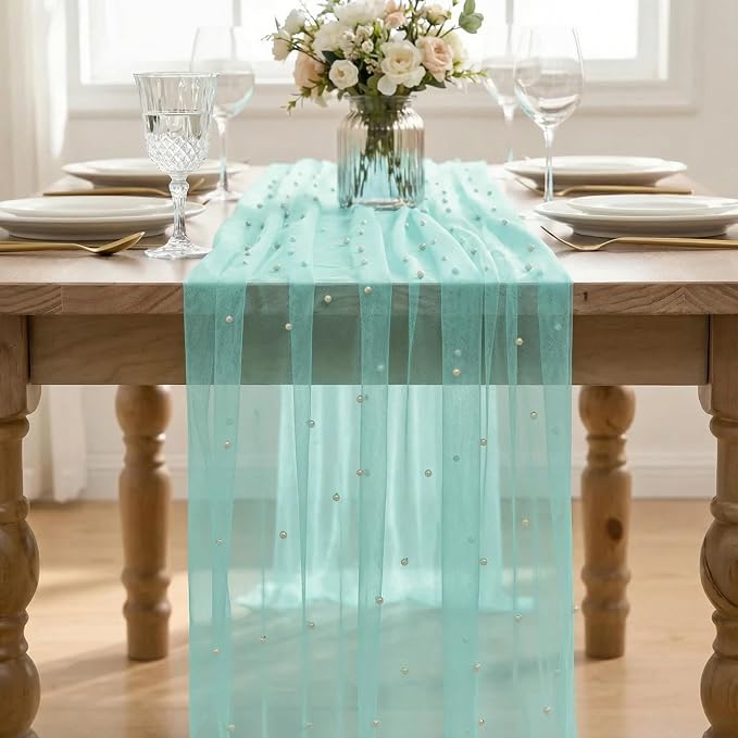 Artoid Mode 6PCS Pearl Turquoise Gauze Table Runner 120 Inch 10FT, Seasonal - Image 2