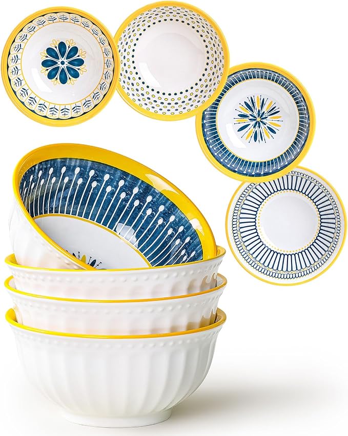 Yeacccng Bohemian Cereal Bowls Set of 4, 27 Oz Ribbed Exterior Ceramic Bowls by Yeacccng