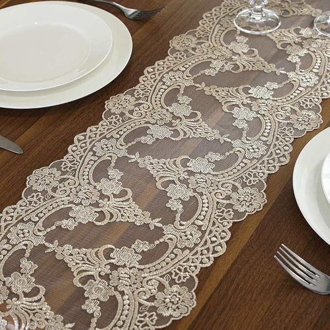 ARTABLE Champagne Lace Table Runner Macrame Dresser Scarf 10 x 59 Inch | - Image 5