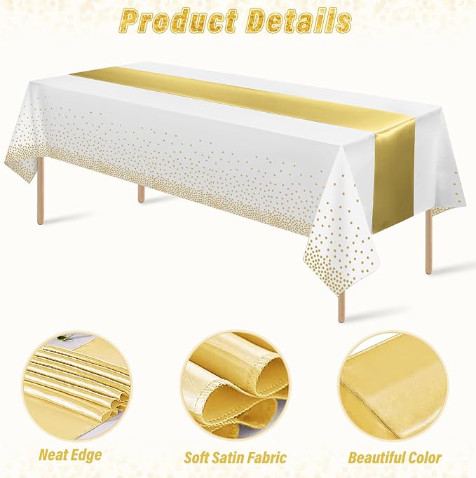 12 Pack White and Gold Tablecloth and Table Runner Set Party Decorations - Image 3