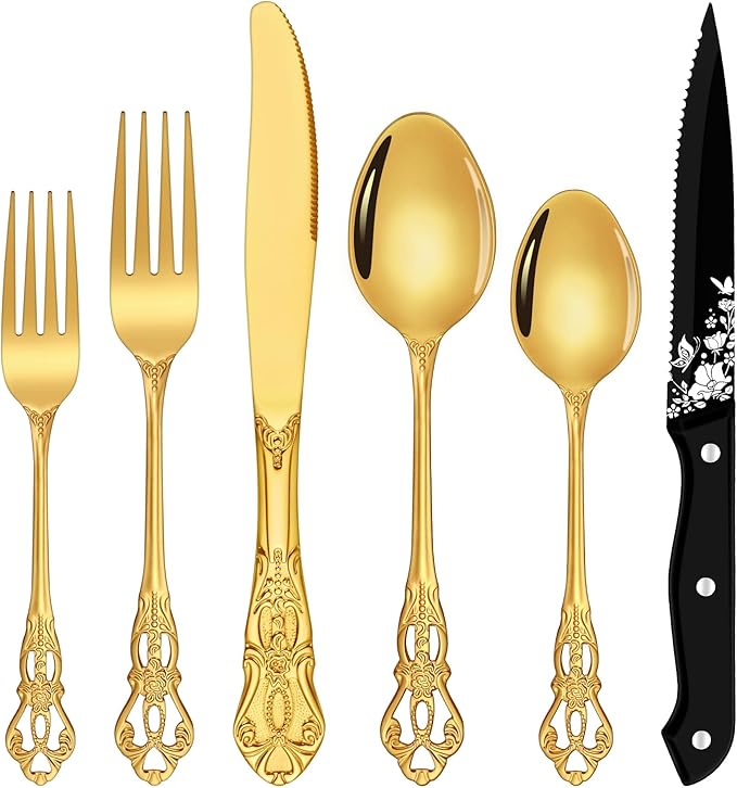 Gold Silverware Set, Ollex 48-Piece Retro Royal Flatware Set by OllexSilverwareSets