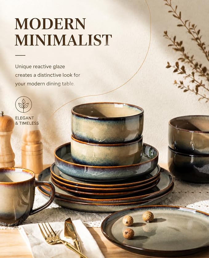 Ceramic Dinnerware Set for 4, 12-Piece Plates and Bowls Set | Handmade Reactive - Image 7