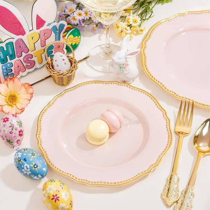 60 Pcs Pink Gold Dinner Plates for Wedding | 10 inch Heavy-duty Disposable - Image 6