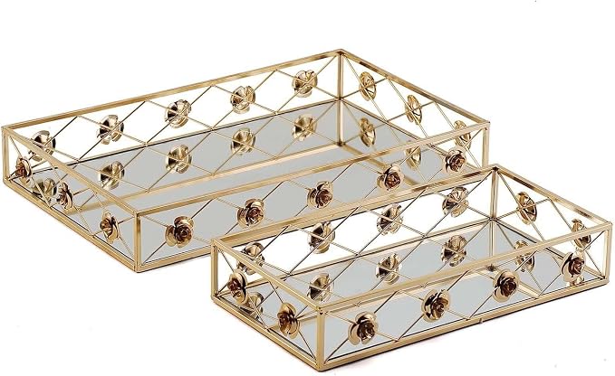 Efavormart Set of 2 Gold Metal Decorative Serving Trays Floral Bordered - Image 6