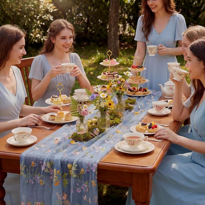 Blue Floral Table Runner 10ft Embroidery Tulle Spring Wildflower Table Runner - Image 6