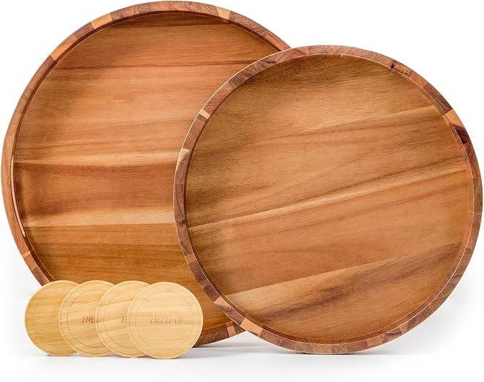 Round Wood Serving Trays Set of 2, Ottoman Tray Rustic Acacia Wooden Trays by DecentVrvege