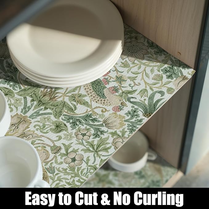 Bird Floral Drawer Shelf Liner for Kitchen Green 15.7IN x 10FT | Non Adhesive - Image 8