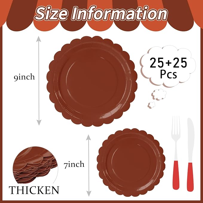 50 Pcs Brown Scalloped Paper Plates 25 × 7'' and 25 × 9'' Disposable Brown - Image 3