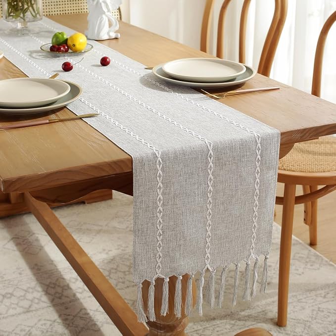 Wracra Rustic Linen Table Runner, Light Grey Table Runners 90 inches Long | - Image 7