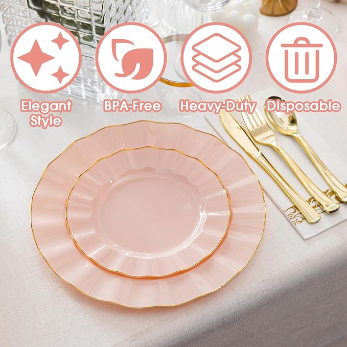 175PCS Pink Plastic Dinnerware Set, Wavy Plates - Image 4