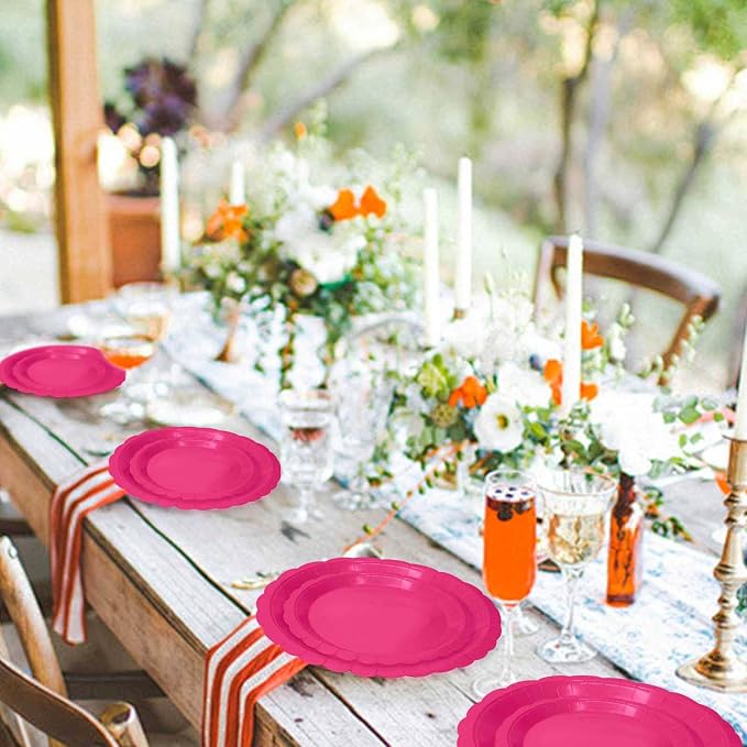 50 Pcs Hot Pink Scalloped Paper Plates 25 × 7'' and 25 × 9'' Disposable Hot - Image 6