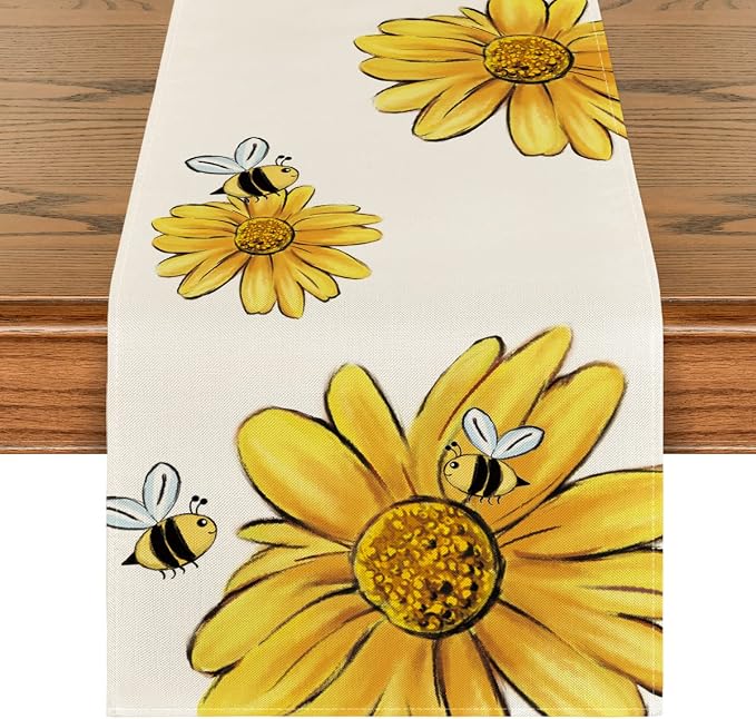 Artoid Mode Beige Bee Sunflower Table Runner, Seasonal Spring Summer Flowers by ArtoidMode