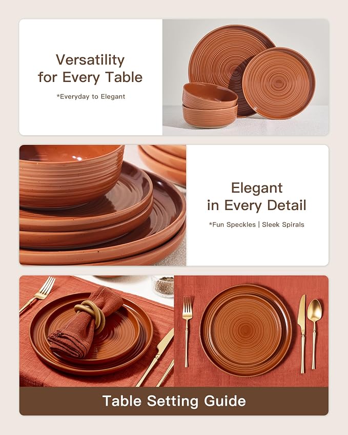 Dinnerware Set for 4, Ceramic Plates and Bowls, Terracotta | 12-Piece Ceramic - Image 3