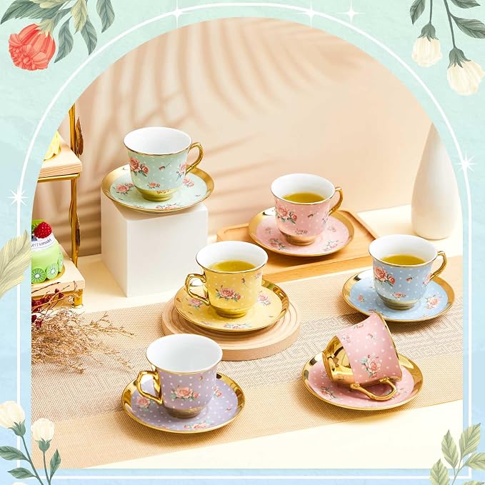 Teenyyou Set of 12 Tea Cups and Saucers Tea Party Decorations Floral Porcelain - Image 3