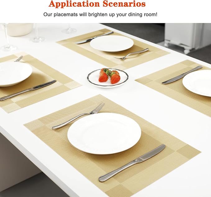 Placemats Set of 4, Vinyl Woven Gold Non Slip Table Mats | Heat Resistant - Image 2