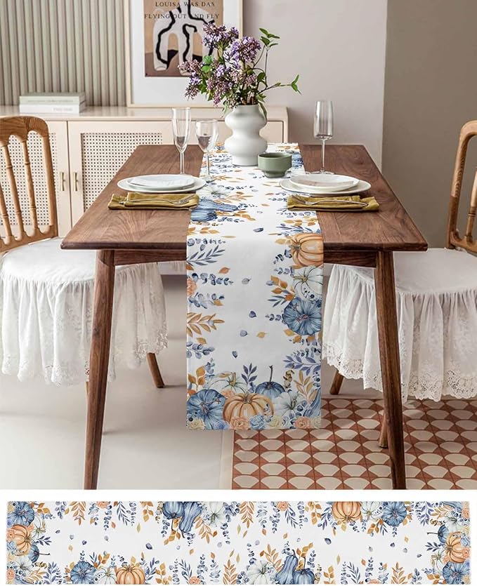 Blue Pumpkin Fall Table Runner 48 Inches Long, Thanksgiving Floral Eucalyptus - Image 4