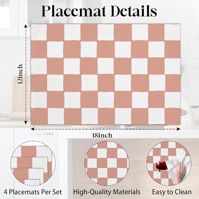Pink and White Check Plaid Placemats Set of 4, Washable Heat Resistant - Image 2