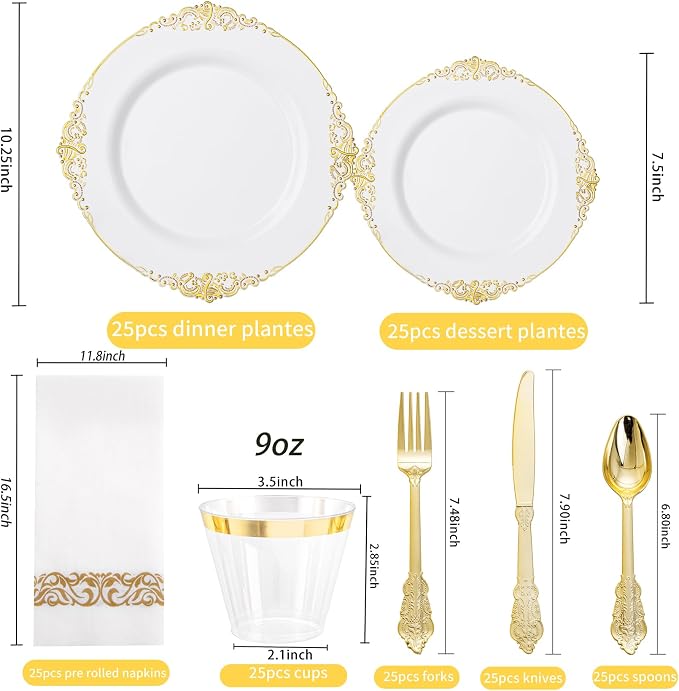 175 Pcs White Gold Plates for Wedding | White Party Plates Set for 25 Guests - Image 6