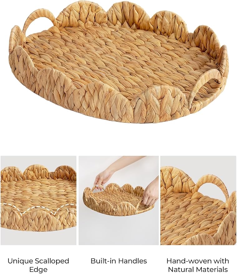 StorageWorks Elliptical Wicker Scalloped Tray, Water Hyacinth Rattan Trays | - Image 3