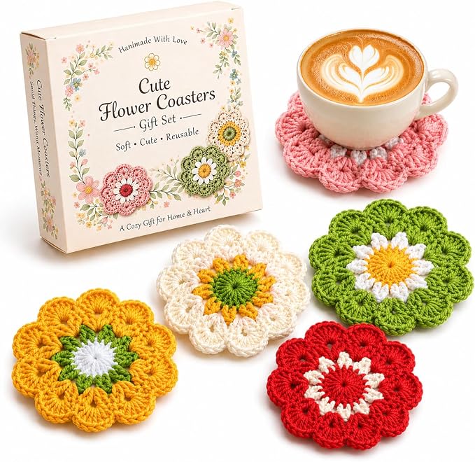 Coasters for Drinks Set of 5, Cute Flower Crochet Drink Coasters for Coffee by ACGASK