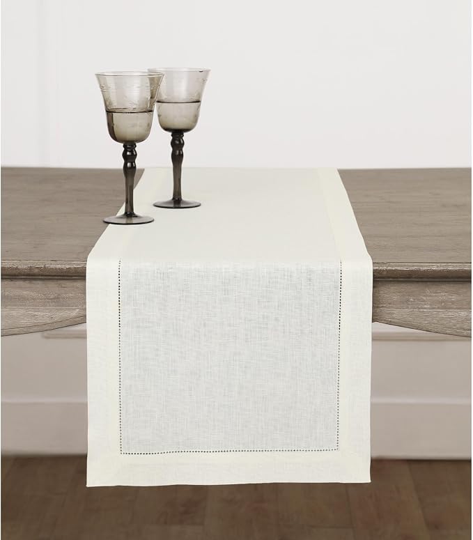 Solino Home 100% Linen Table Runner Ivory, Classic Hemstitch 14 x 120 in | by SolinoHome