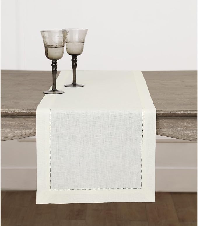 Solino Home 100% Linen Table Runner Ivory, Classic Hemstitch 14 x 132 in | by SolinoHome