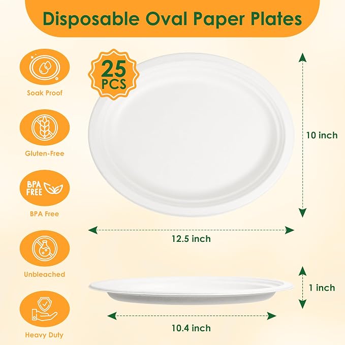Disposable Oval Paper Plates, Compostable Heavy Duty Bagasse Platters - Image 2