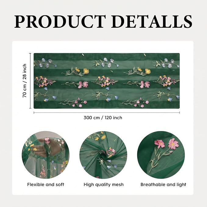 Artoid Mode Wildflower Floral Green Gauze Embroidery Table Runner 120 Inch 10FT - Image 6