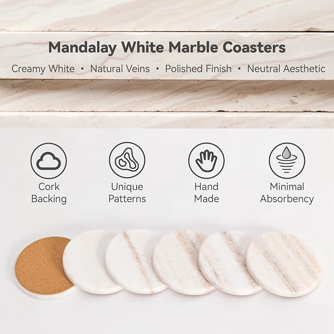Cream White Marble Coasters Set of 6, Modern Neutral Drink Coaster - Image 3