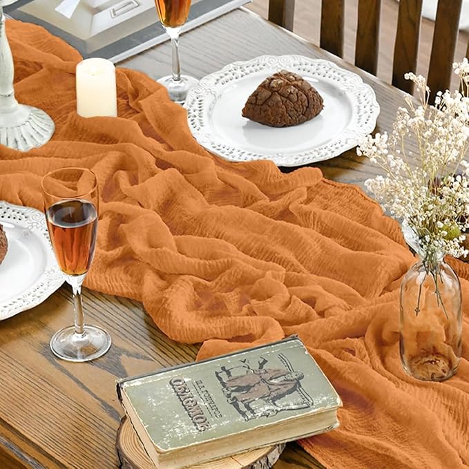 Artoid Mode Boho Cheesecloth Gauze Orange Wedding Table Runner, 160 Inch - Image 4