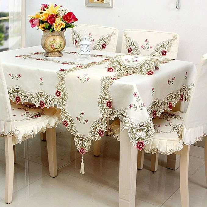LeLehome 15 Inch X 96 Inch Table Runner, Classic Flowers Embroidered Lace Beige - Image 5