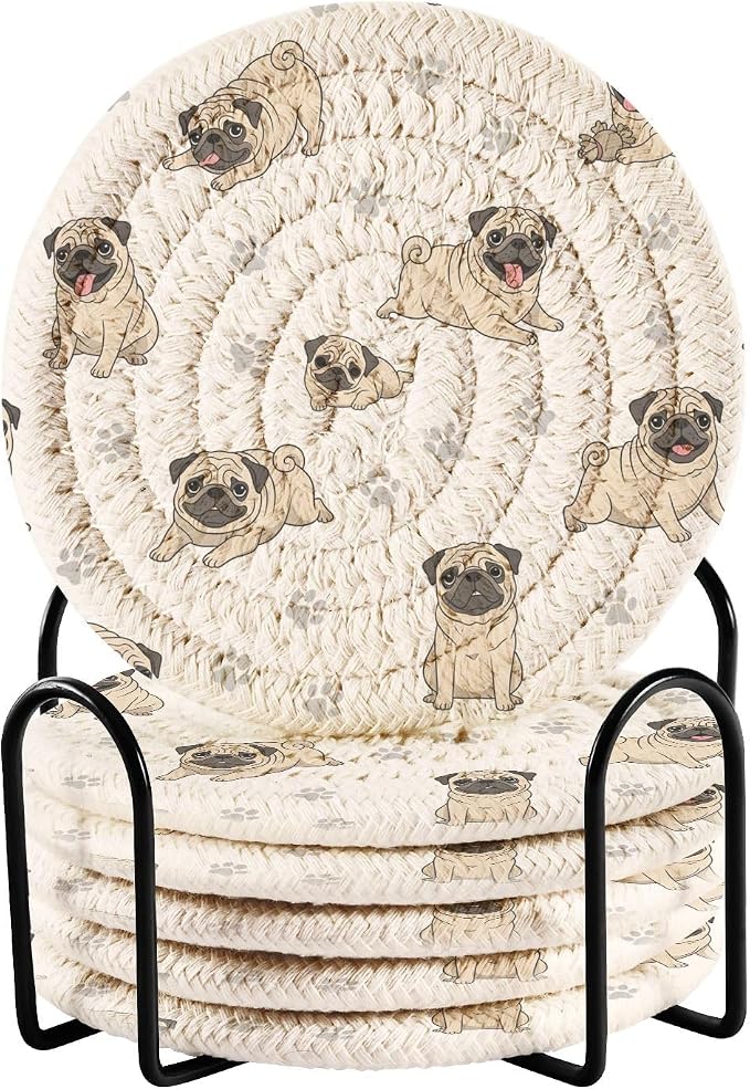 Pugs Dog Paw White Print Coasters by Unknown