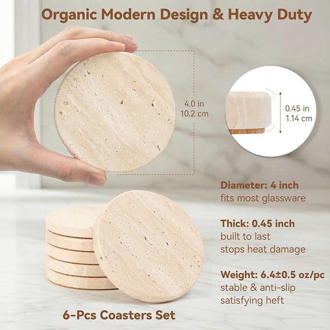 Natural Travertine Marble Coasters Set of 6, Earthy Beige, Bedroom Nightstand - Image 4