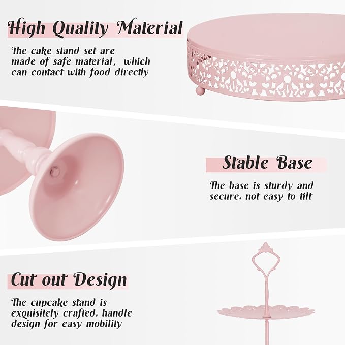 Fivenl 8 Pcs Cake Stand Pink Metal Dessert Table Display Set, 3-Tier Cupcake - Image 3