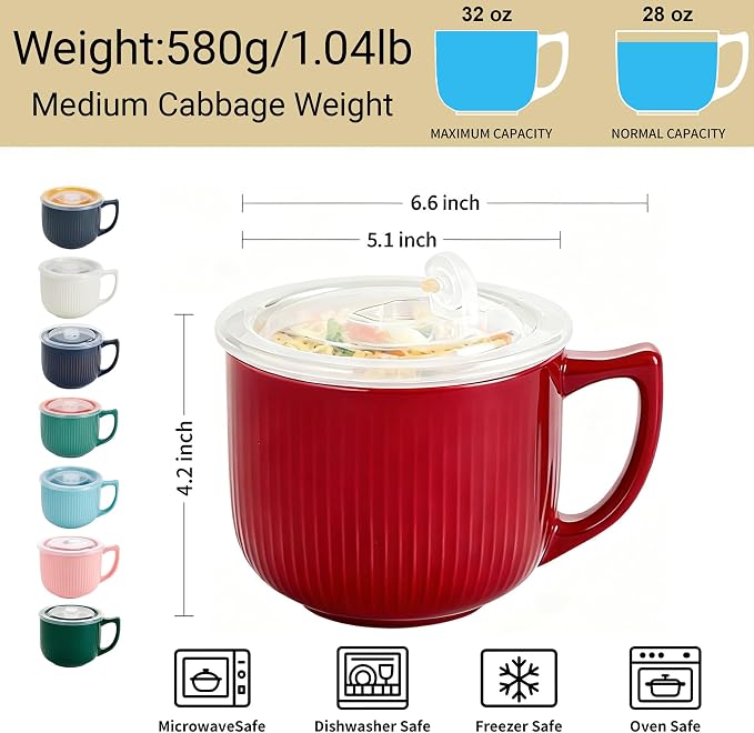 Ceramic Soup Bowl with Handle & Lid, 32oz Microwave Ramen Bowl Burgundy Red | - Image 2