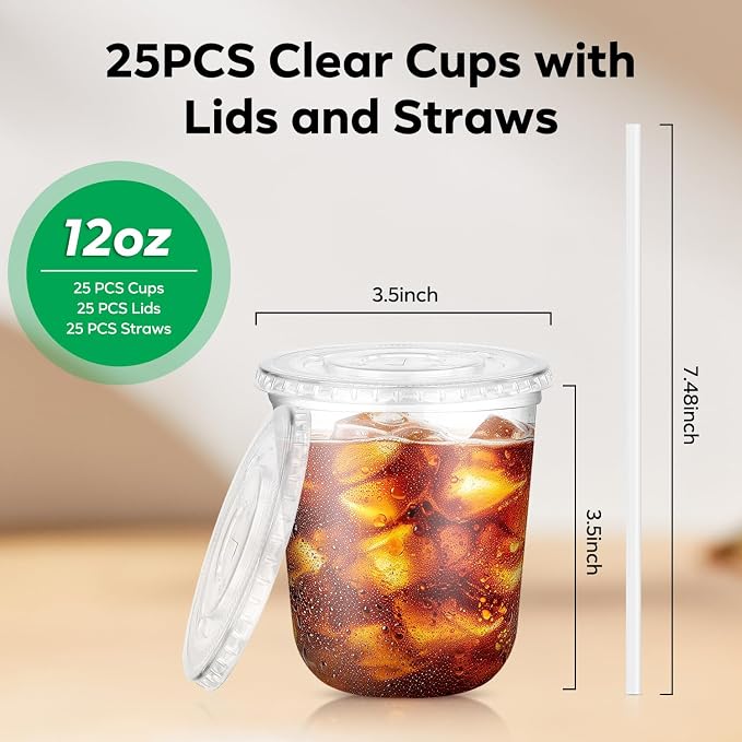 25 Pack 12 oz Clear Cups with Lids and Straws, Plastic Coffee Drink Cups | - Image 4