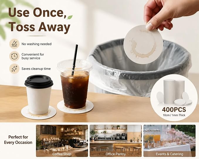 TaoBary 400 Pcs Round Cardboard Paper Coasters Bulk 1mm, 4 Inch Disposable - Image 4